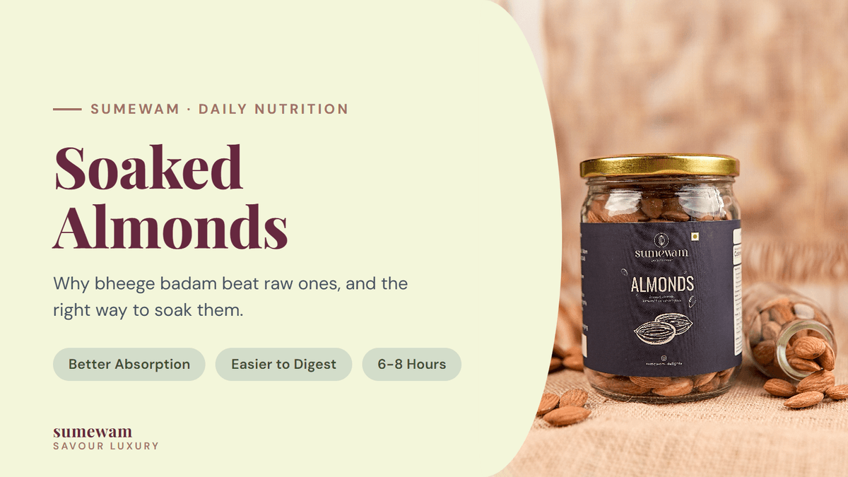 Soaked almonds benefits guide by Sumewam, with a jar of premium California almonds