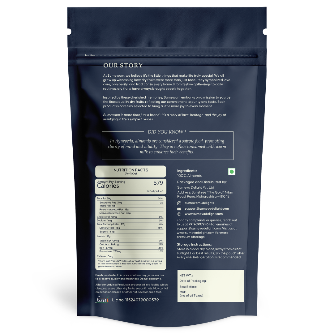 Sumewam almonds pack back with our story, nutrition facts and FSSAI licence