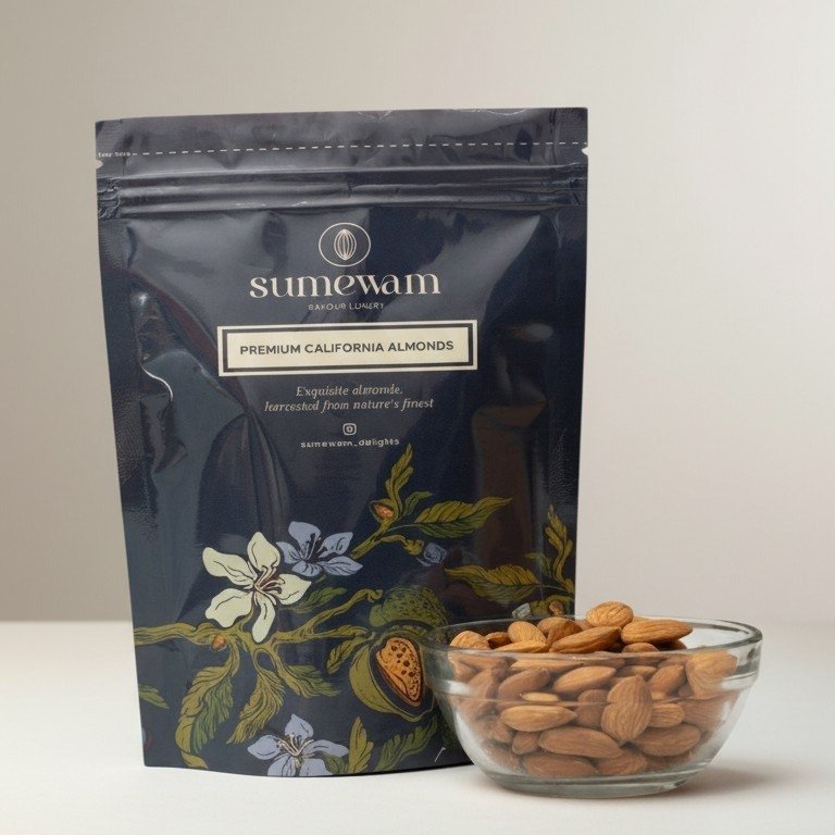 Benefits of eating nuts daily shown with a bowl of fresh Sumewam almonds