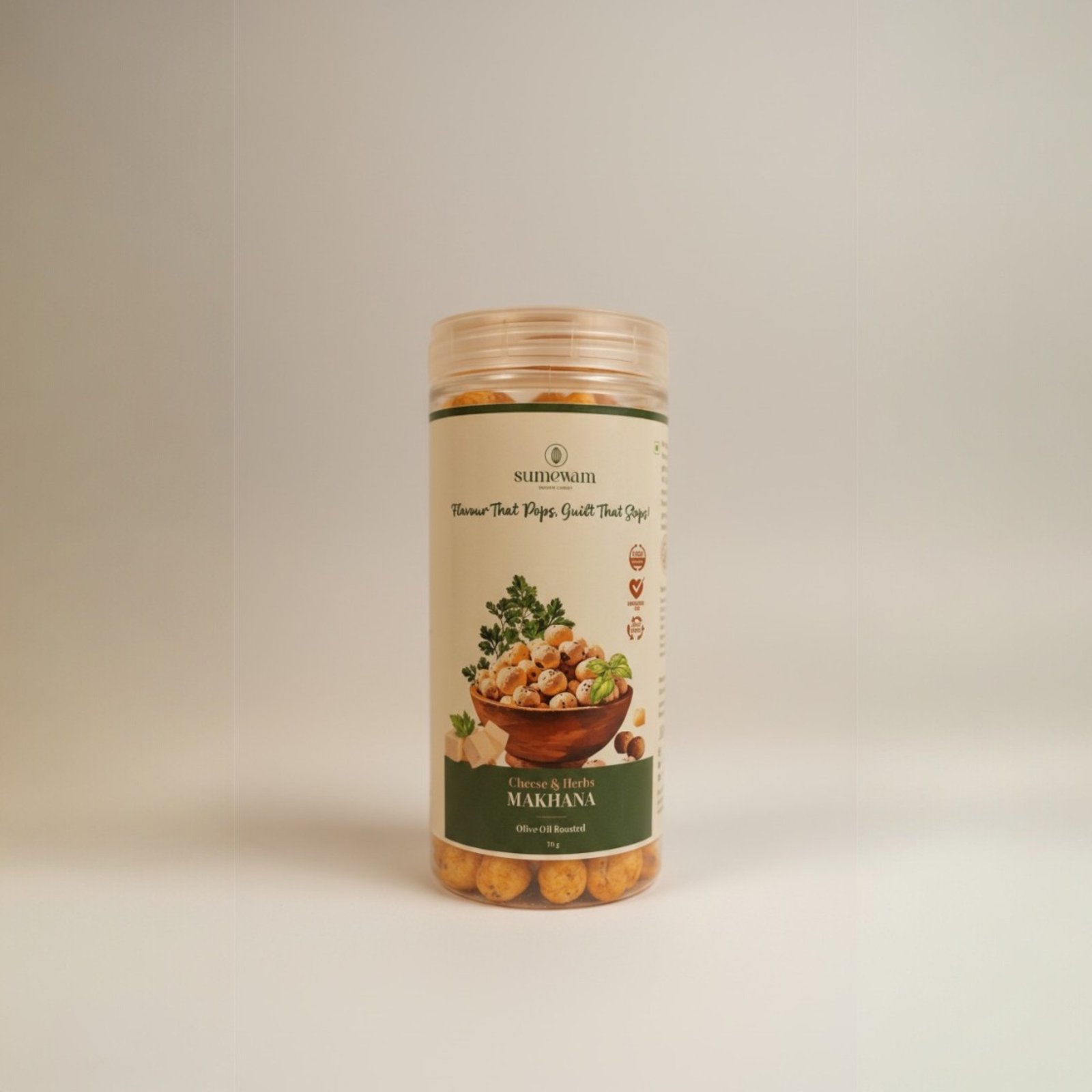 Sumewam Cheese and Herbs Makhana olive oil roasted front jar