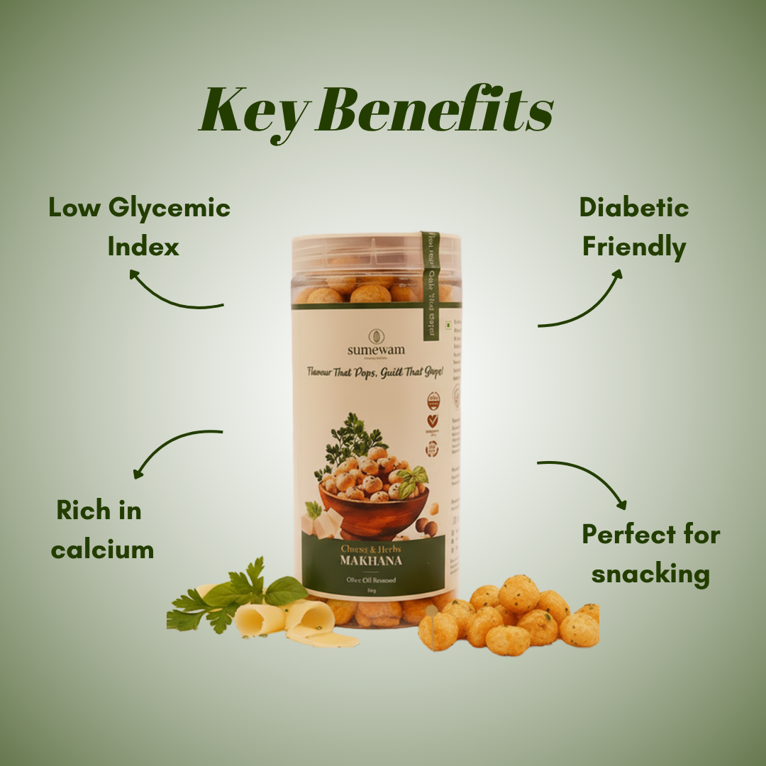 Cheese and herbs makhana key benefits: low glycemic index, diabetic friendly, rich in calcium, perfect for snacking