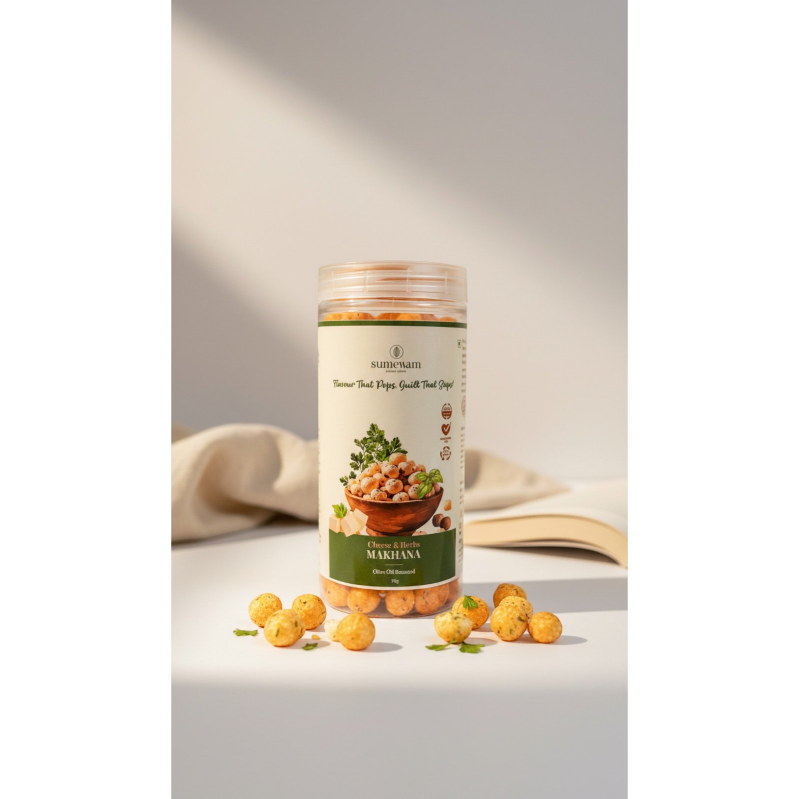 Sumewam Cheese and Herbs Makhana jar styled with cheese and herbs