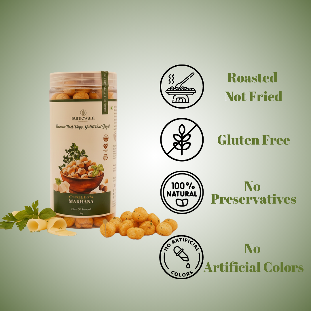 Sumewam Cheese and Herbs Makhana: roasted not fried, gluten free, no preservatives, no artificial colours