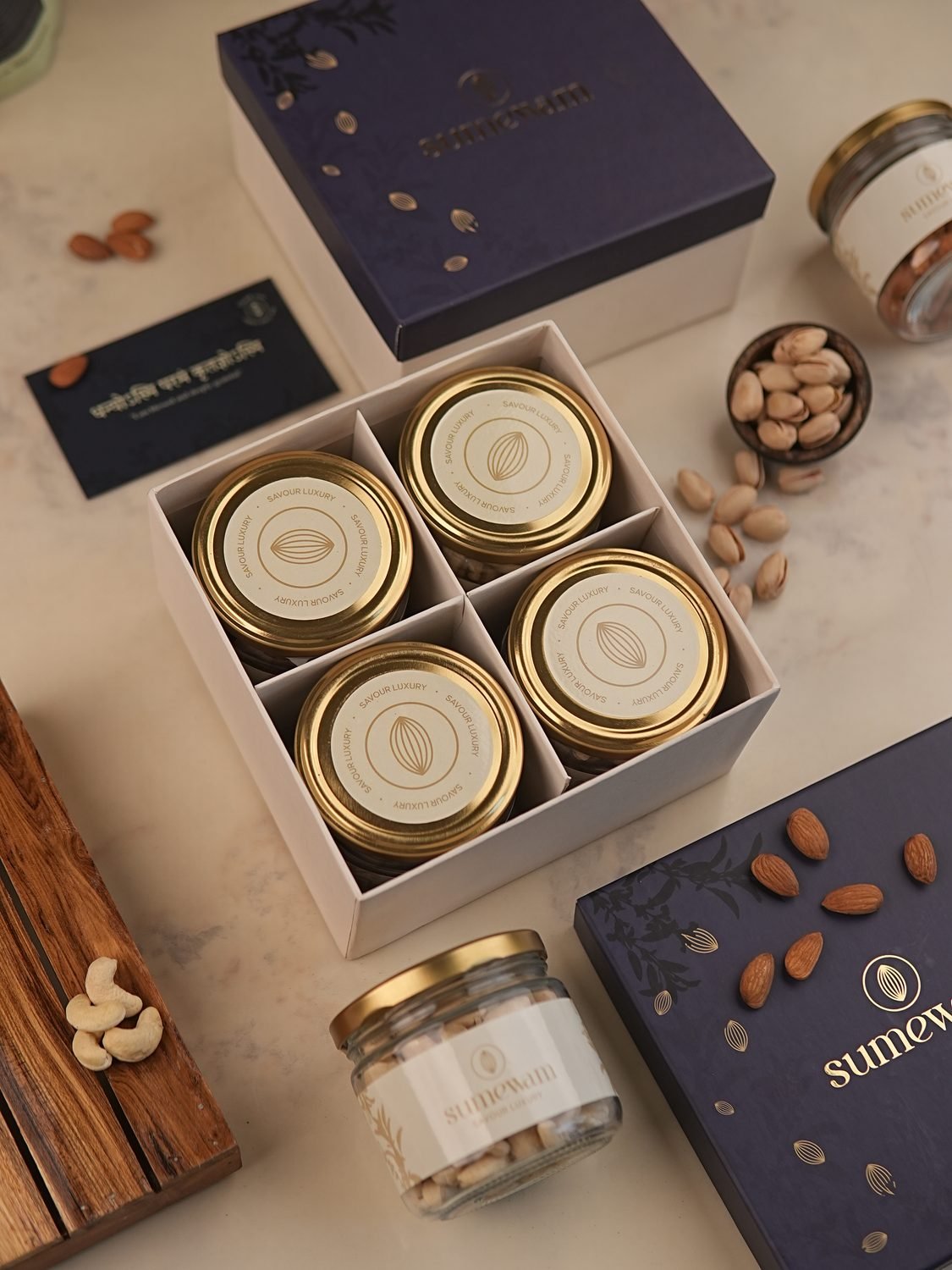 The best corporate gift, a premium Sumewam dry fruit hamper with branded jars
