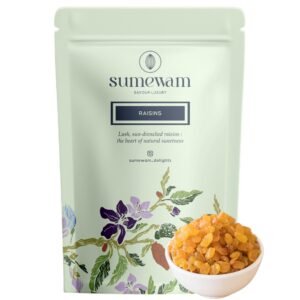 Sumewam premium golden raisins front pack, sun drenched raisins