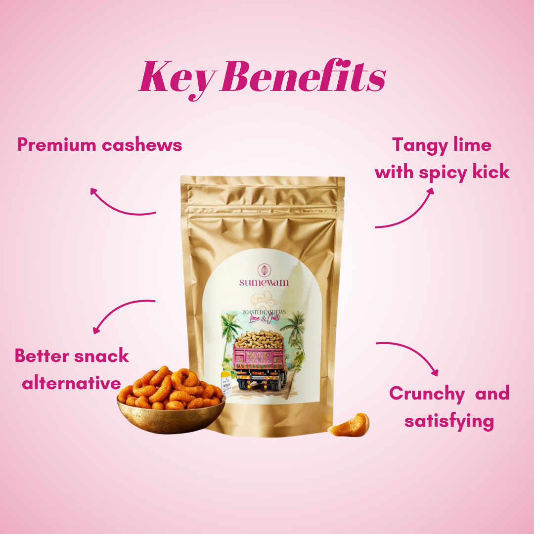 Lime and chilli cashews key benefits: premium cashews, tangy lime with spicy kick, crunchy and satisfying