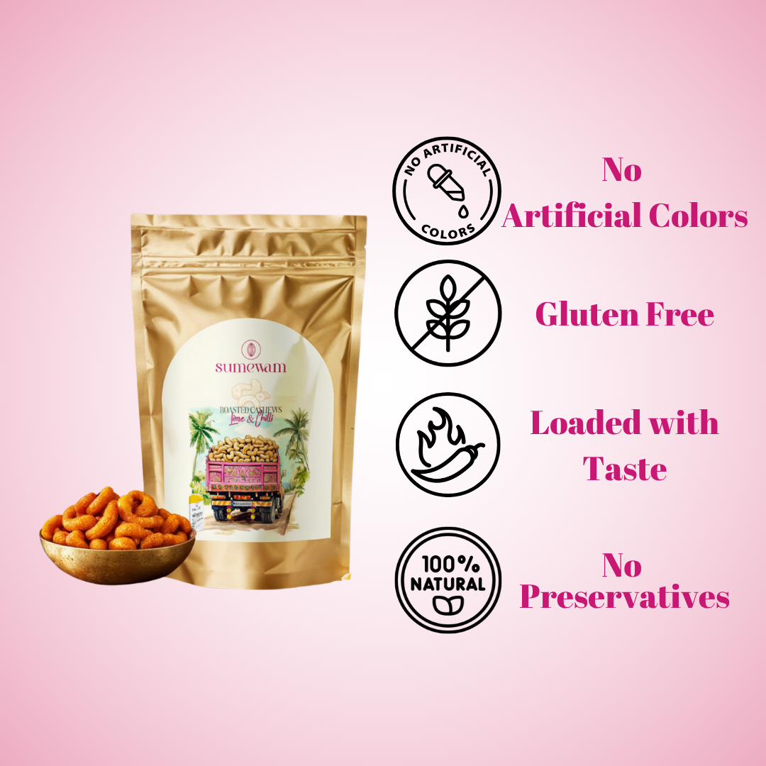 Sumewam lime and chilli cashews: no artificial colours, gluten free, loaded with taste, no preservatives