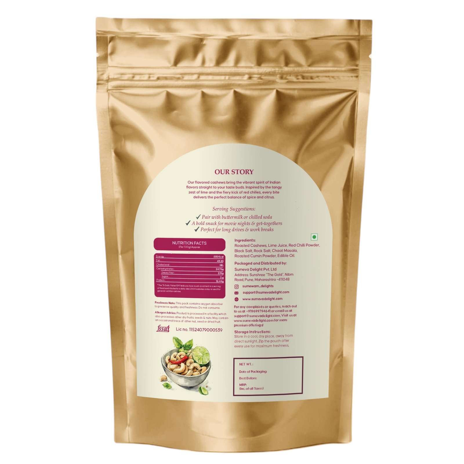 Sumewam lime and chilli roasted cashews pack back with nutrition and FSSAI licence