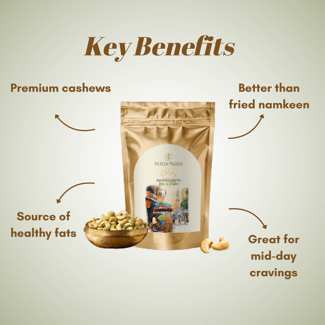 Lime and pudina cashews key benefits: premium cashews, better than fried namkeen, source of healthy fats, great for mid-day cravings