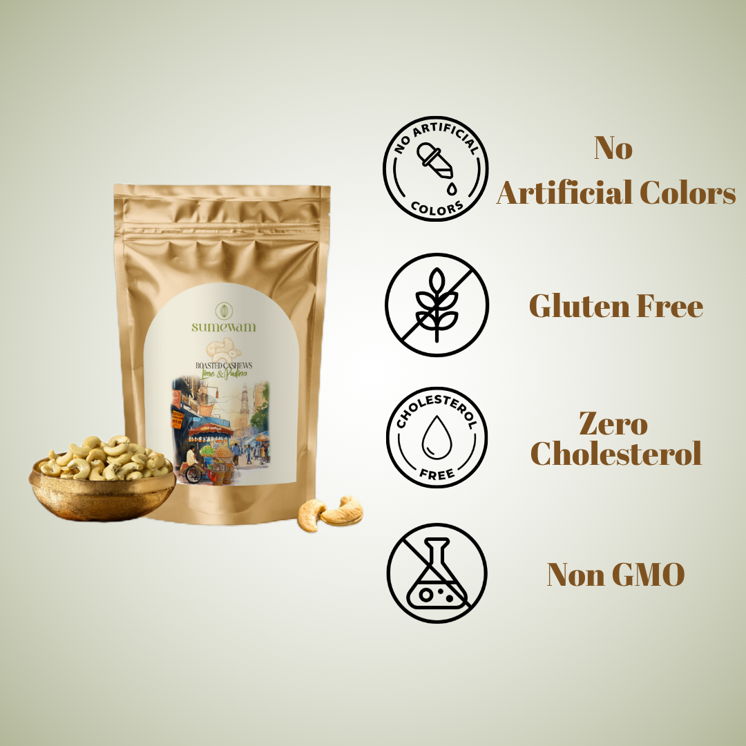 Sumewam lime and pudina cashews: no artificial colours, gluten free, zero cholesterol, non GMO