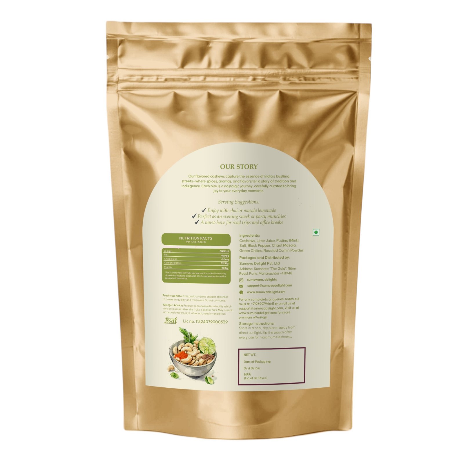 Sumewam lime and pudina roasted cashews pack back with nutrition and FSSAI licence