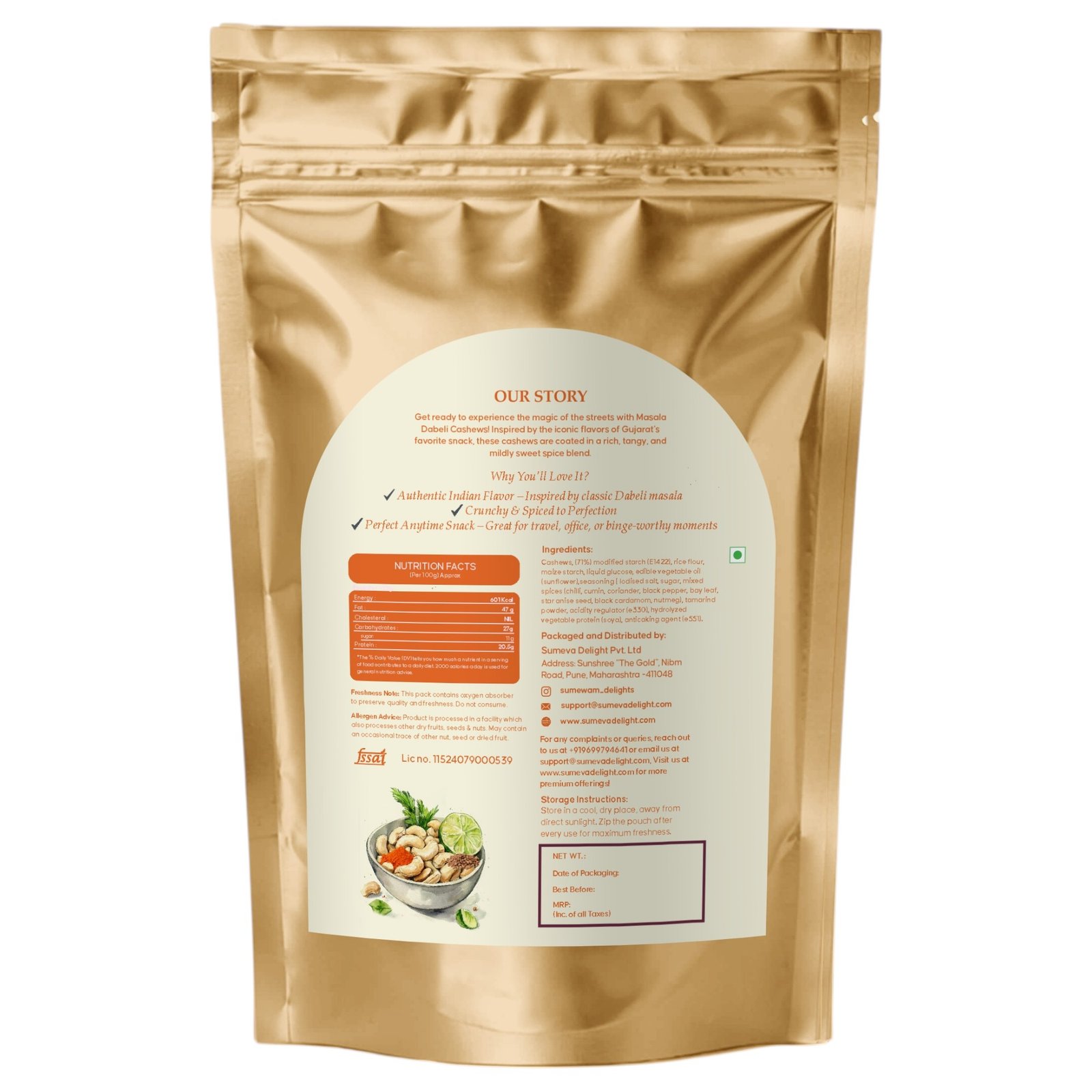 Sumewam masala dabeli roasted cashews pack back with nutrition and FSSAI licence