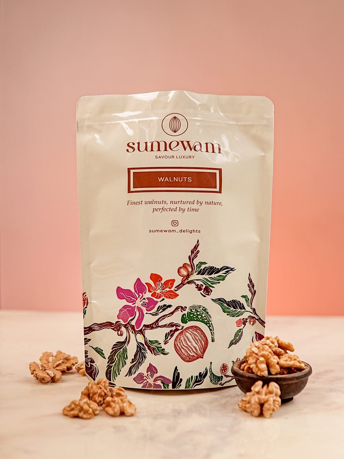 Dry fruits for hair growth shown with a pack of premium Sumewam walnuts